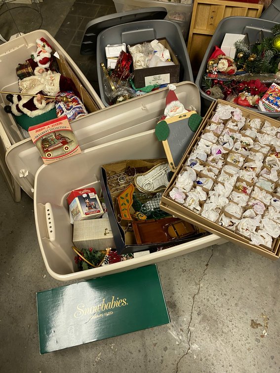 4 Totes with lids of various holiday Christmas decorations