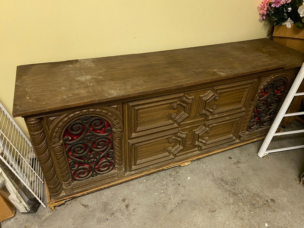 Electrophonic console stereo system, 8 track player, record player**does need cleaned, unknown condition**bottom trim piece missing