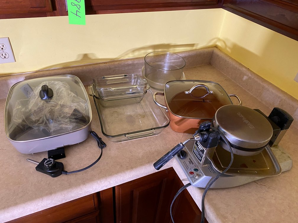 Presto electric skillet with lid, Waring Pro professional waffle maker**needs cleaned** Copper Chef pot with lid, glass casseroles
