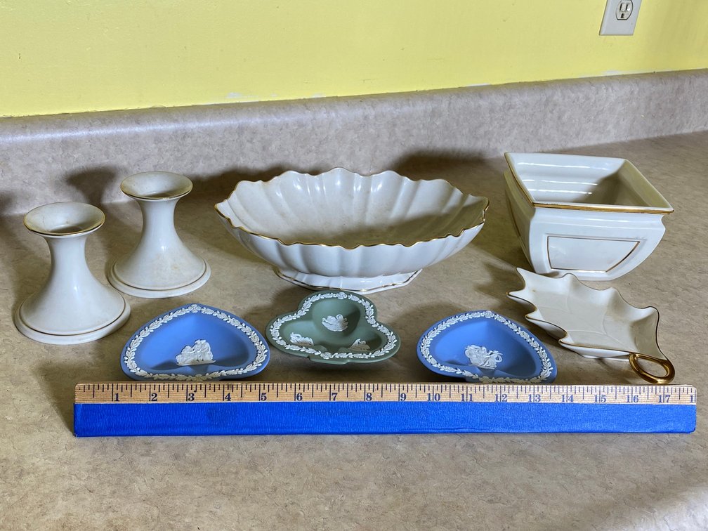Lenox candlesticks, planter, dish, Wedgewood small dishes