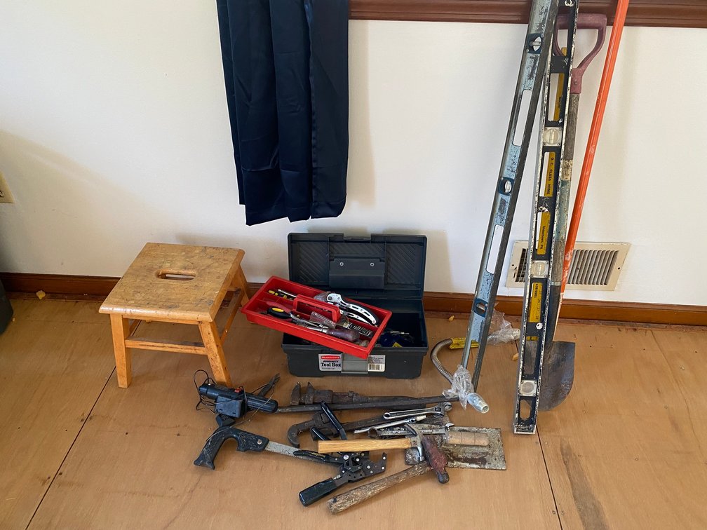 Levels, small shovel, pipe wrenches, step stool small plastic toolbox