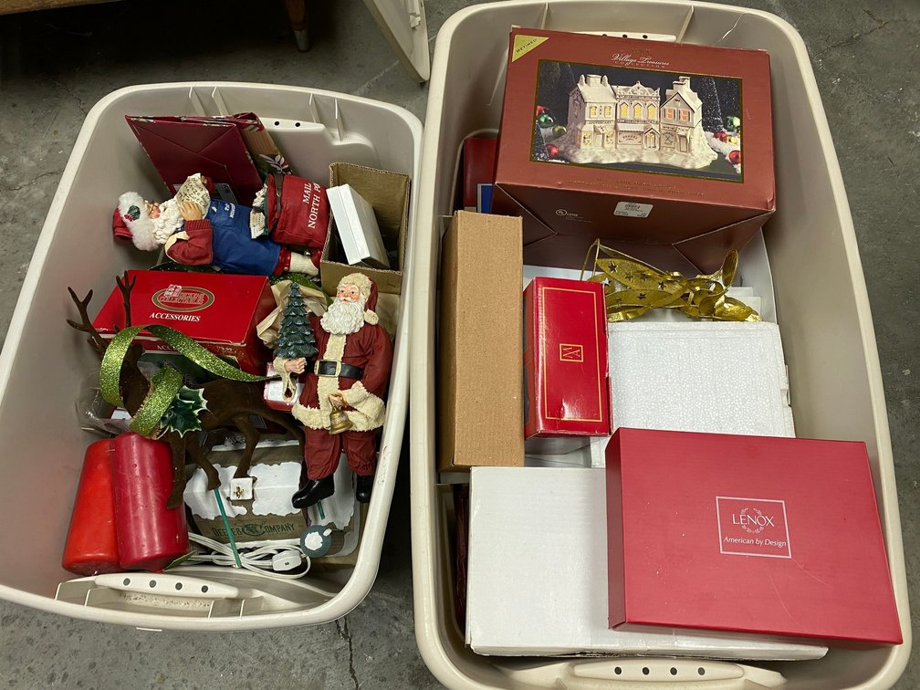 2 Totes with lids of holiday decorations