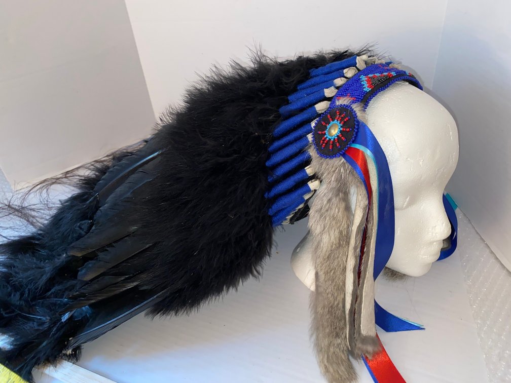 Headdress with Blue Beadwork and Black Feathers