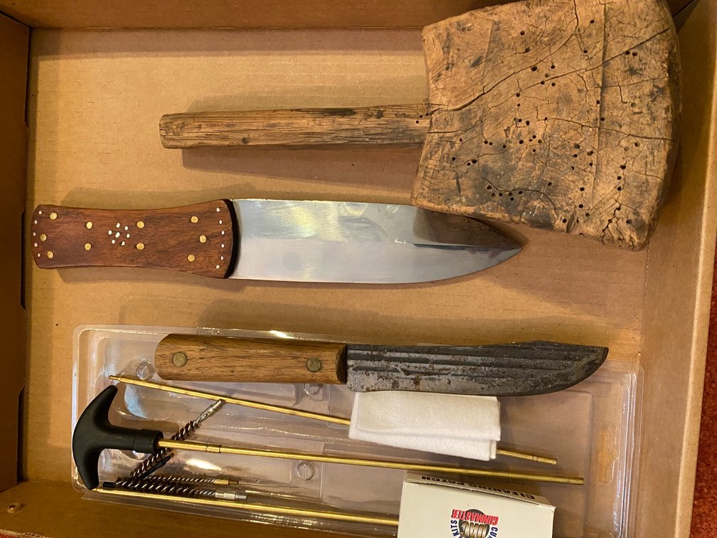 Knives, maul, cleaning rod sections