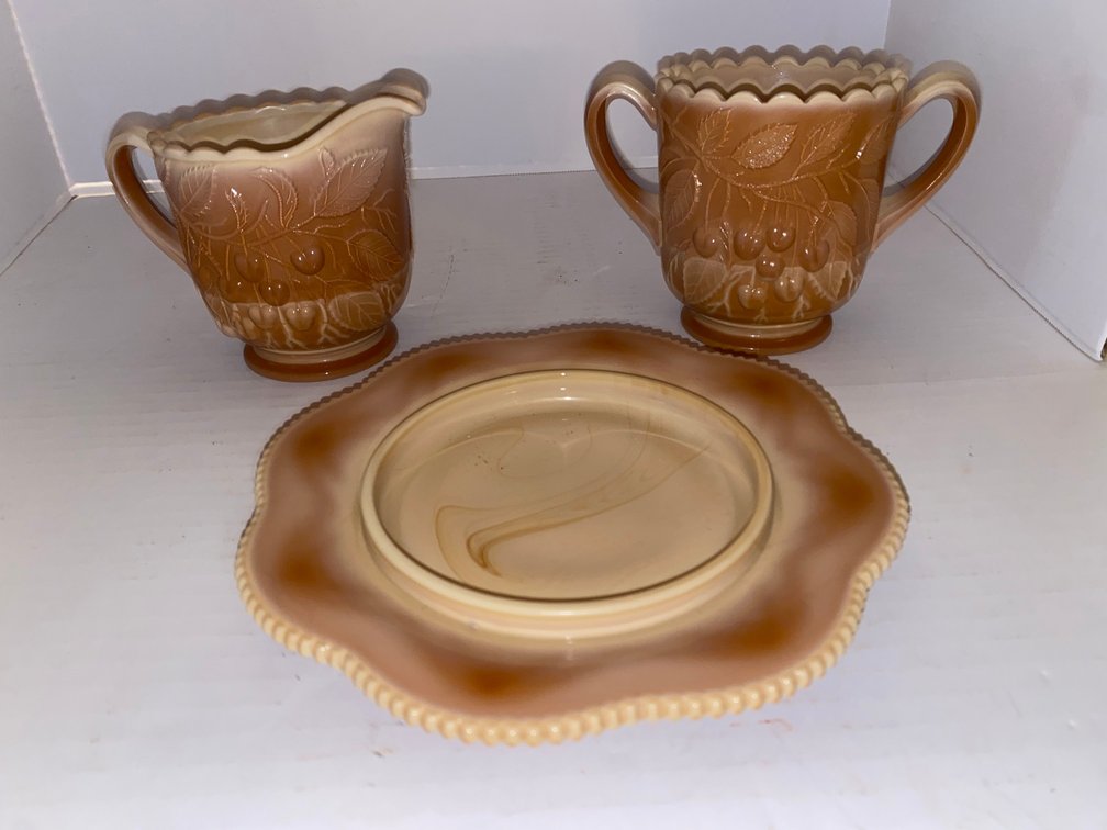 Caramel Slag Cherry Creamer, Sugar & Plate