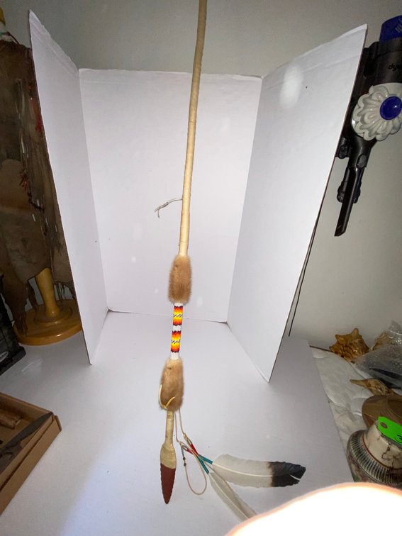 Spear with stone point, bead work, fur elements, feathers