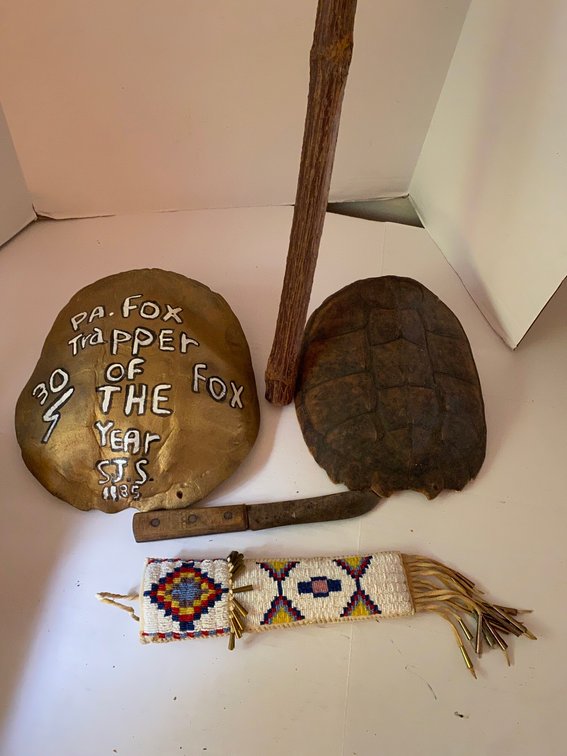 Turtle Shells, walking stick, beadwork item, etc