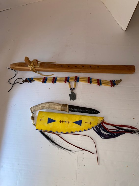 Native American-Style Beadwork, Obsidian Knife & Wooden Flute