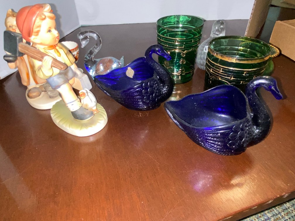 Art Glass, Hummel-Style Figurines & Cobalt Swan Dishes