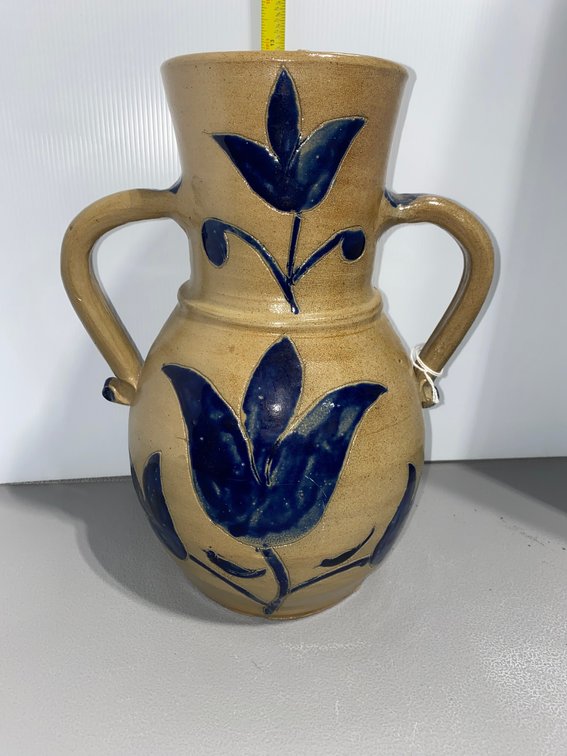 Incised Cobalt-Decorated Double-Handle Stoneware Vase