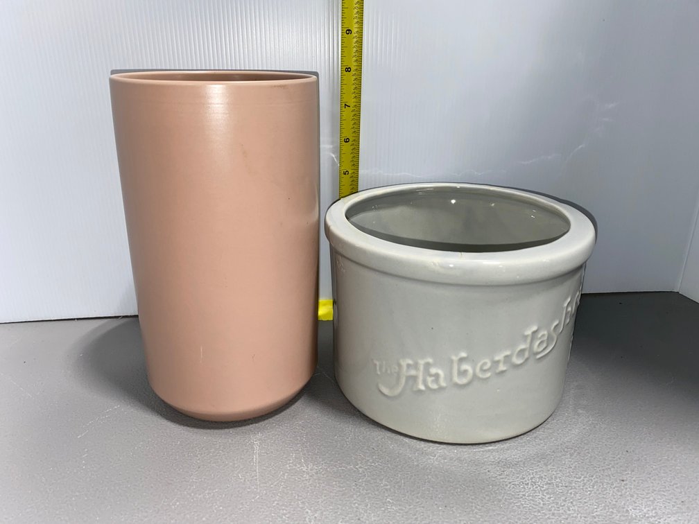 Pink Vase and Haberdashery Crock