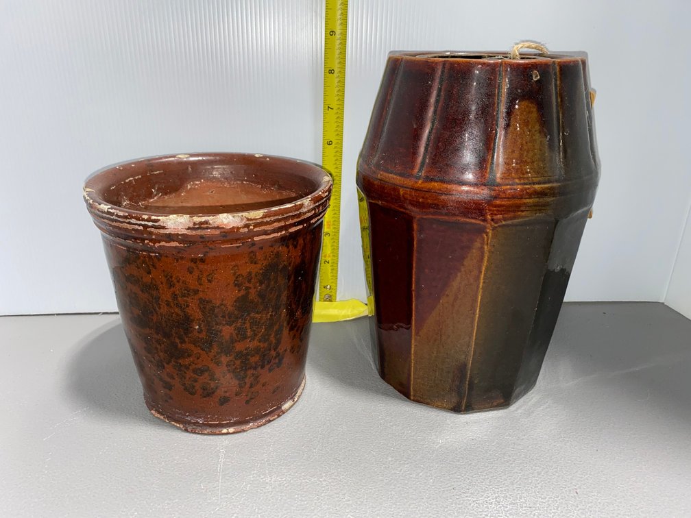 Brown Ribbed Crock and Stoneware Vase