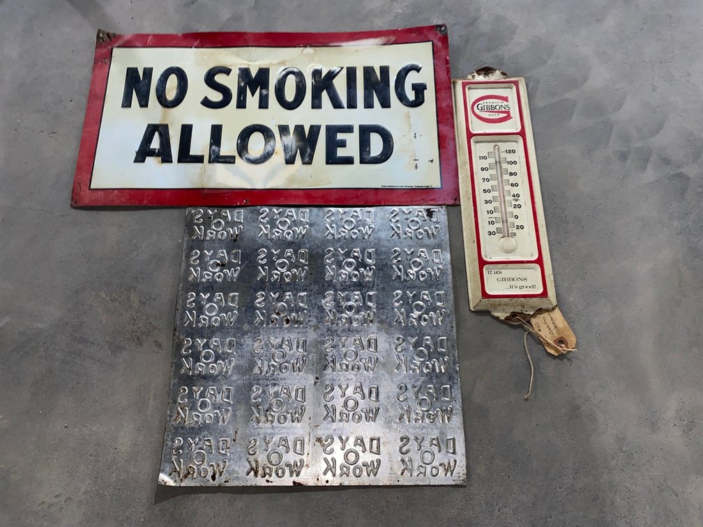 Vintage Metal Signs and Thermometer
