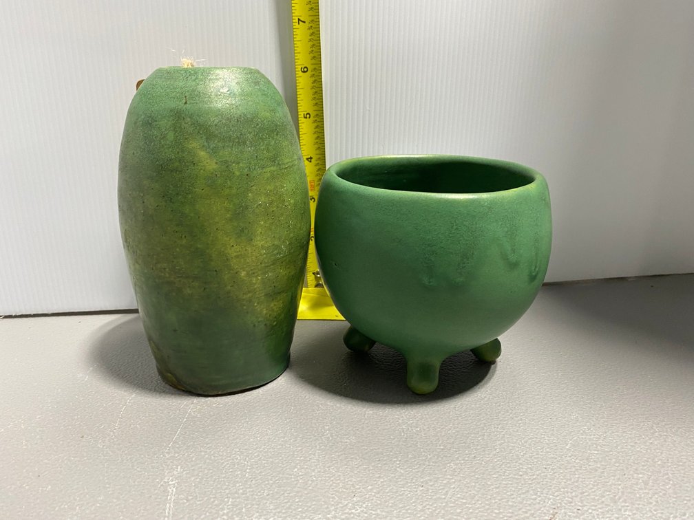 Two Signed Matte Green Arts & Crafts Vases