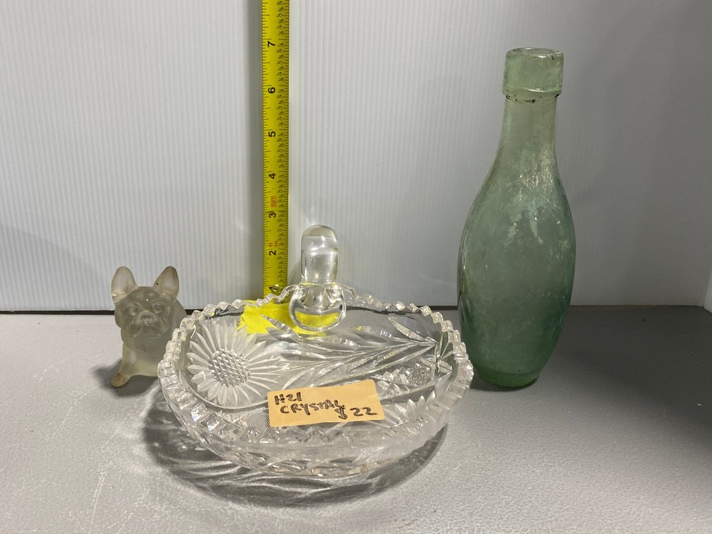 Vintage Bottle, Crystal Bowl and Glass Dog