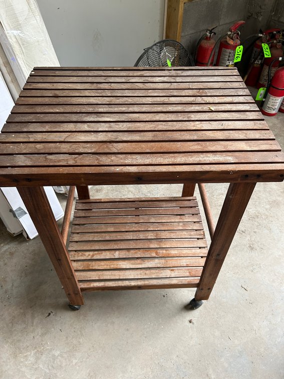 Wooden slatted rolling cart with bottom shelf