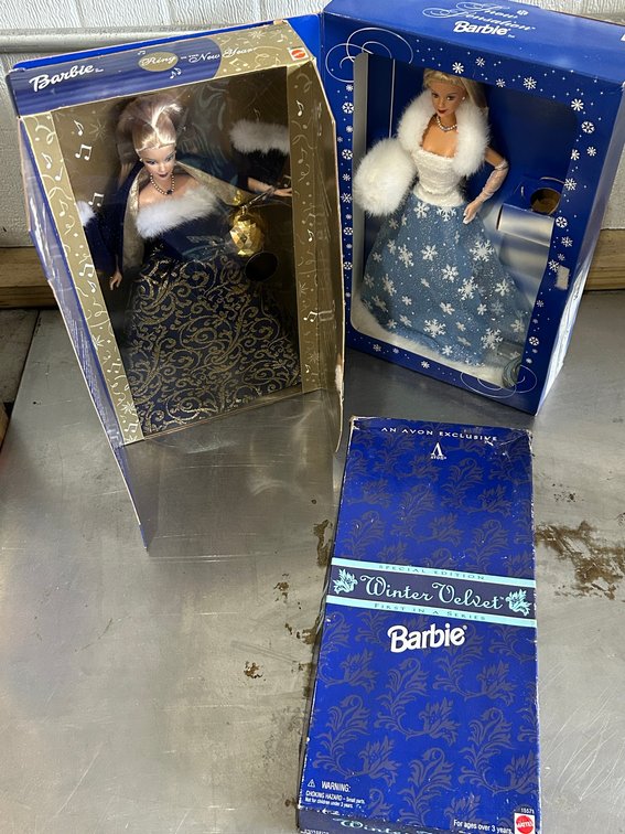 3 Barbies in boxes-Winter Velvet Barbie, Ring in the New Year Barbie, Snow Sensation Barbie