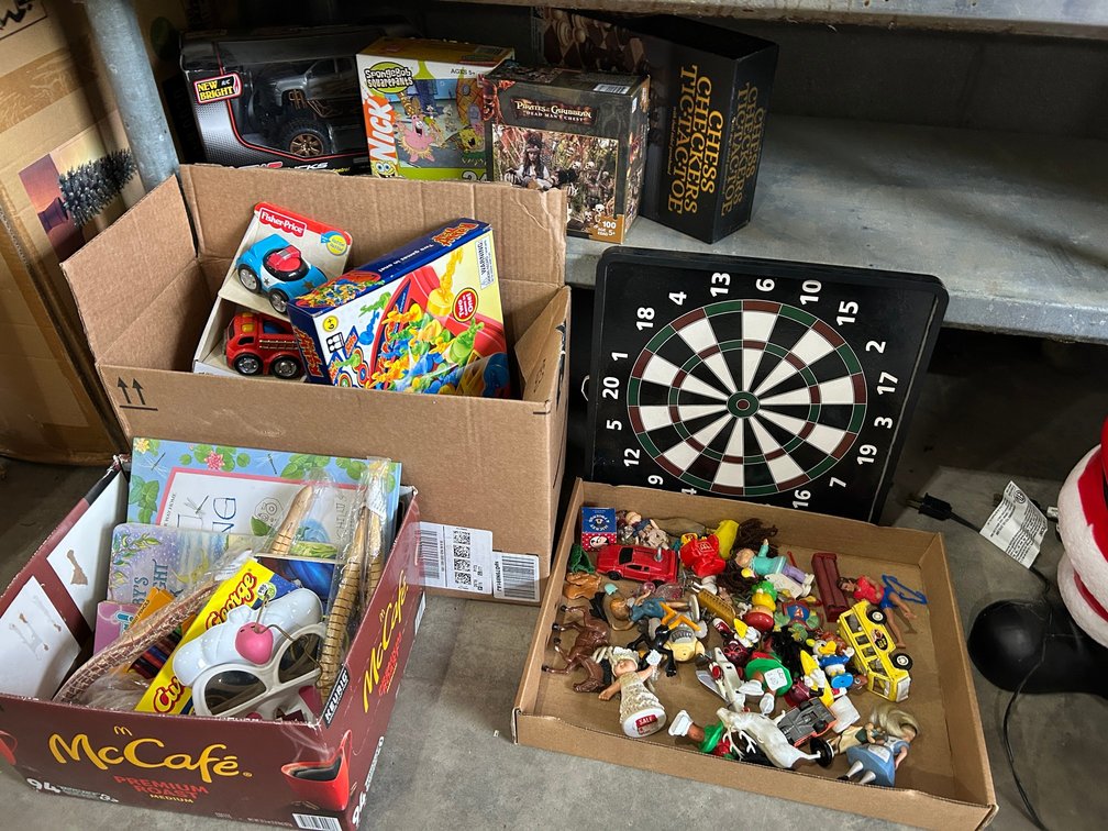 Magnetic dart game, Rabbit Trap game, Fisher Price cars, puzzles