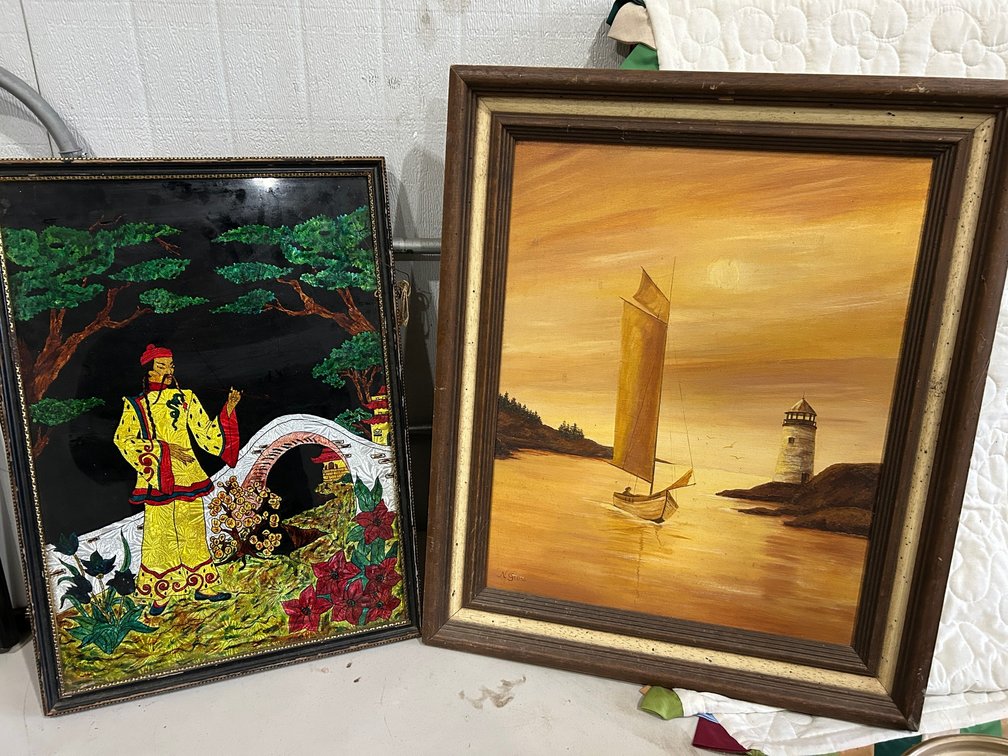 Male figure in embroidered applique oil textured costume frame print, painting on canvas