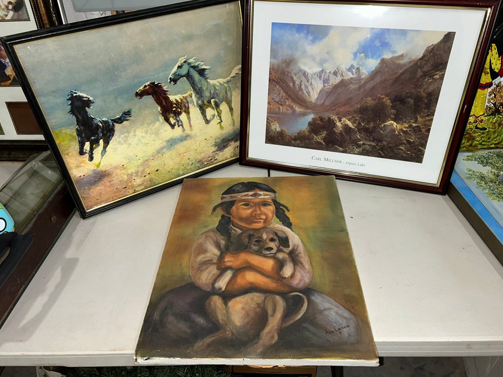 Painting on canvas-Native American child with puppy, Karl Milner Alpine Lake framed print