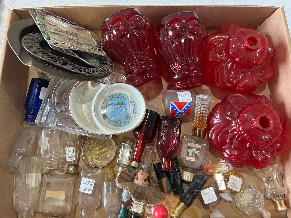 Miniature perfume bottles, vintage ashtrays