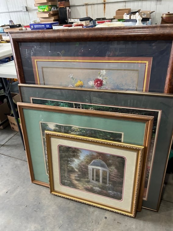 4 Framed prints-2 floral, gazebo, forest and stream