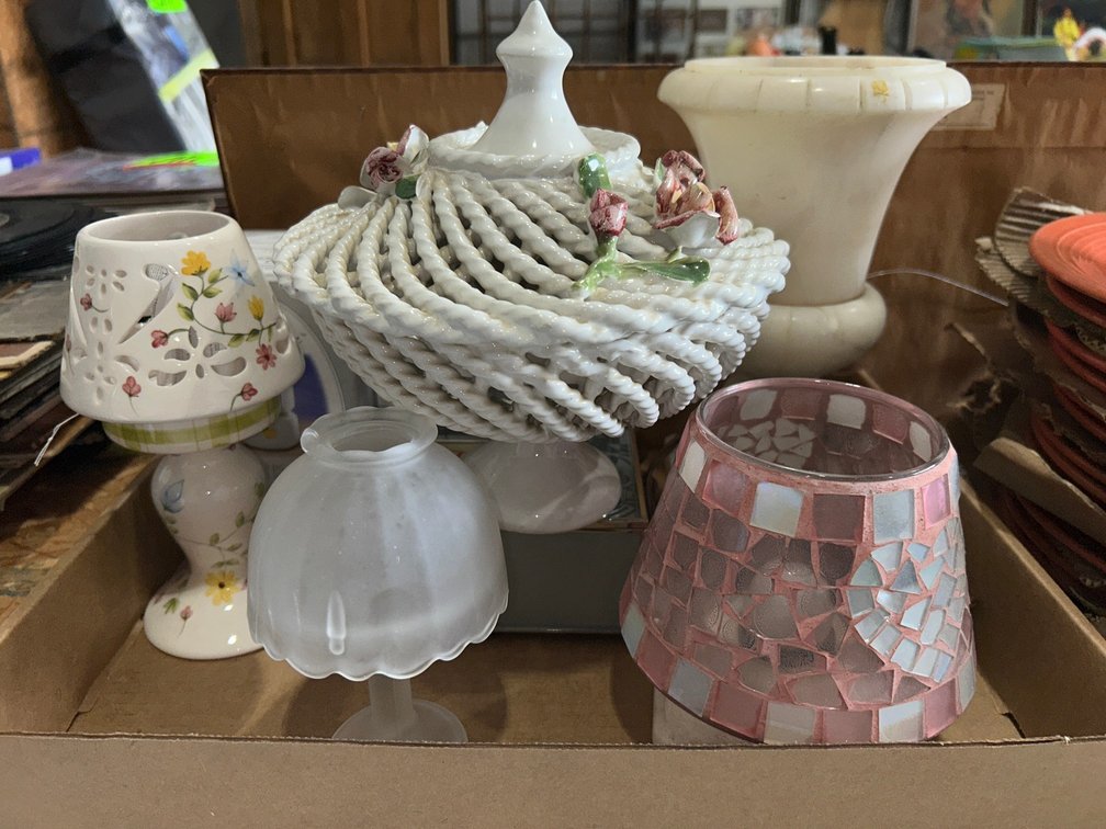 Various lamps-one by Candle Lite, Mother's Love jewelry box, covered candy