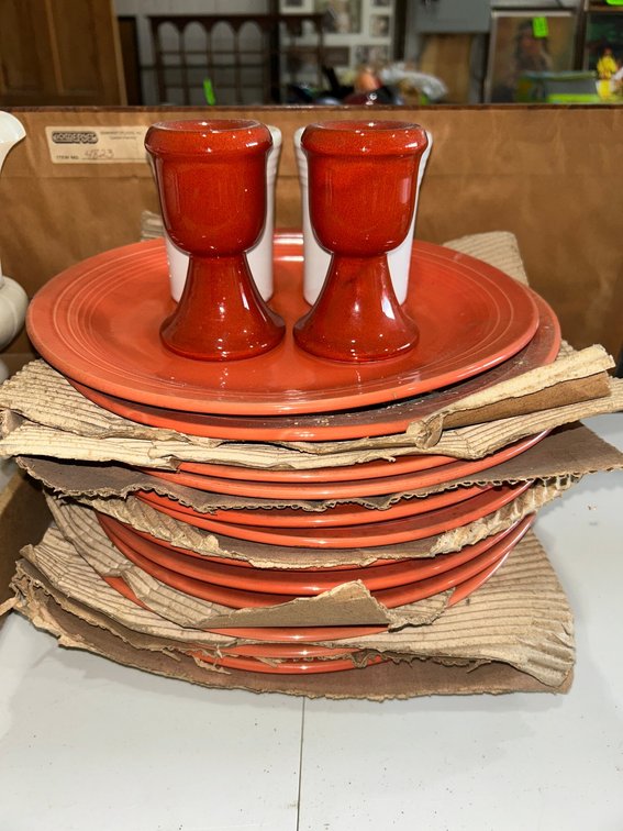 Plates-no name indicated, candleholders, 2 white mugs by Fiesta