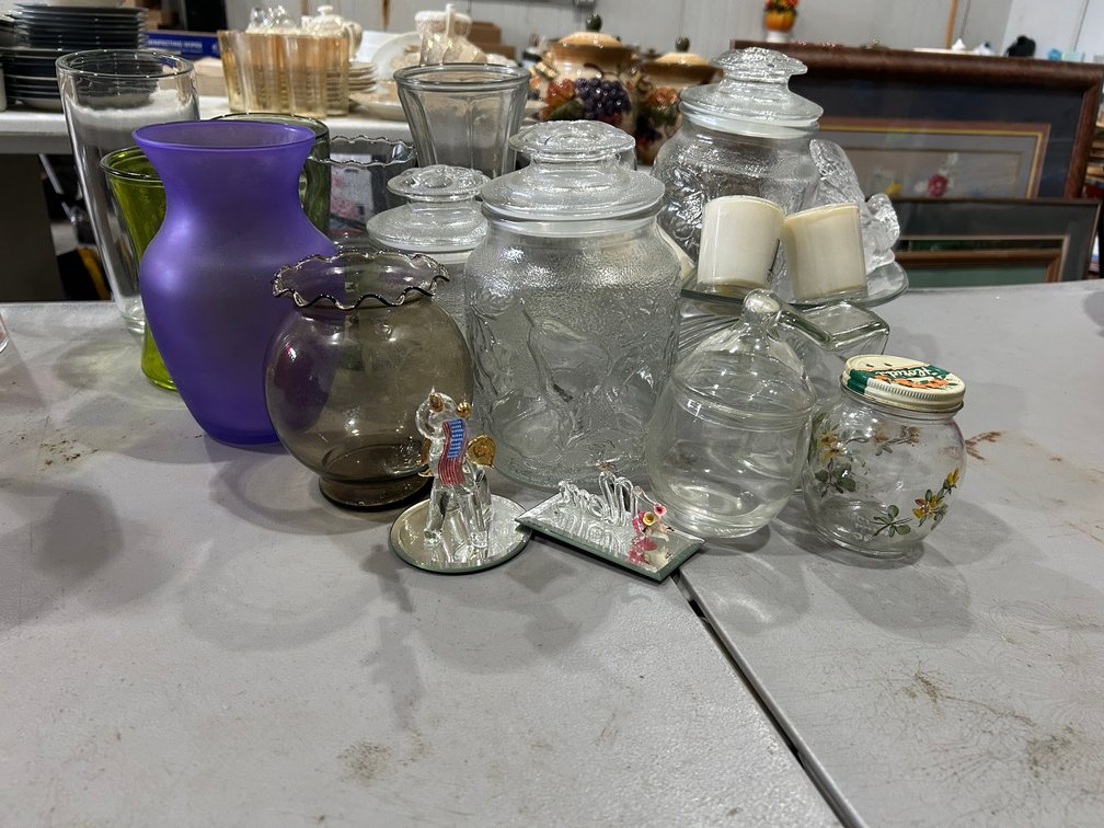 Clear glass bowl, storage jars, vases