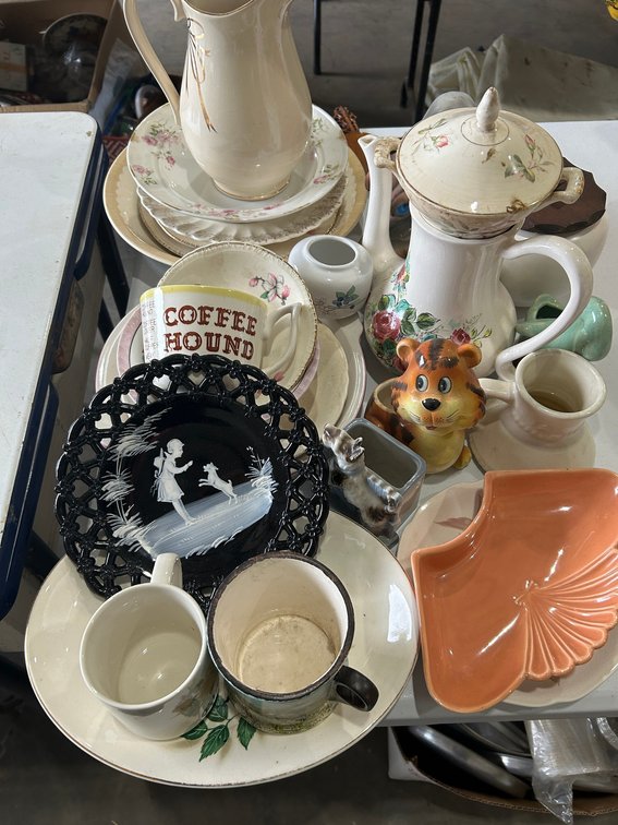 Collection of porcelain bowls, cups, platter, covered sugar bowl