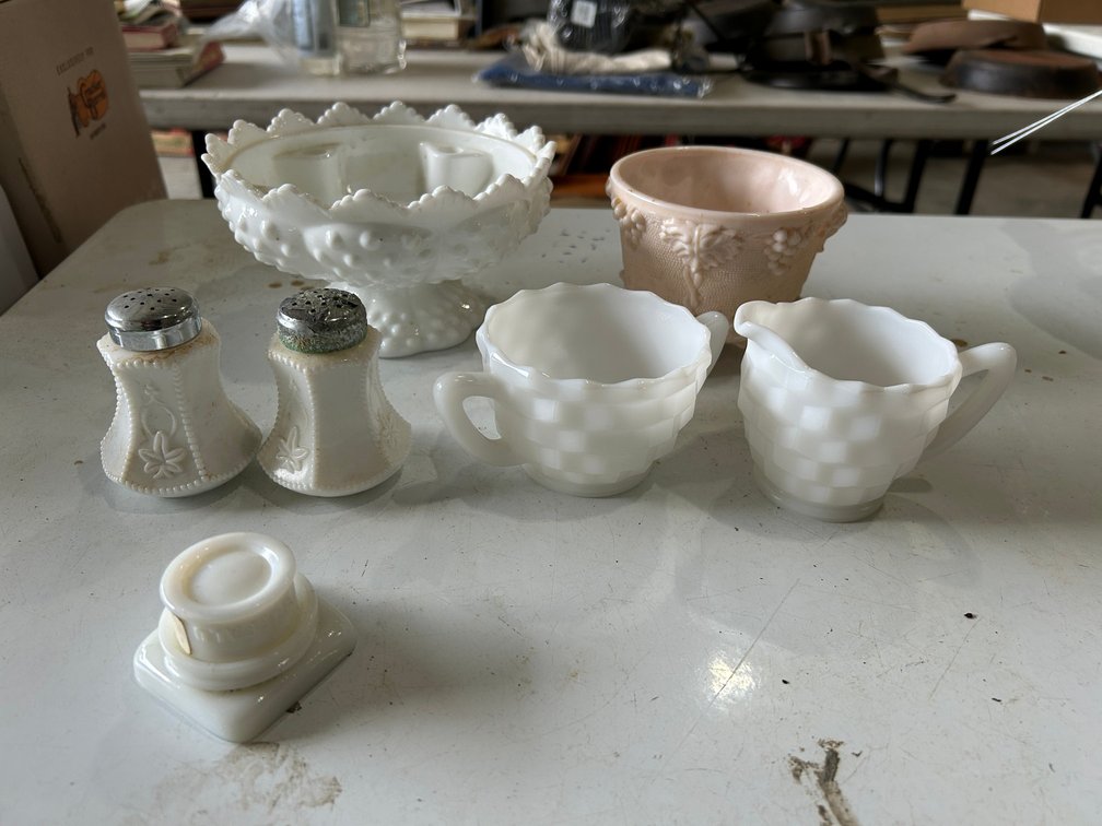 Creamer and sugar, salt and pepper, milk glass bowl, and more
