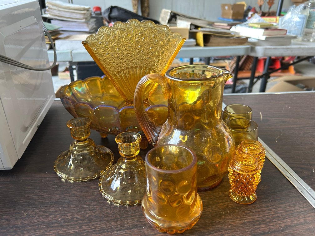 Topaz fan flower vase, pitcher, oval bowl, candlesticks