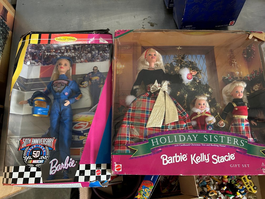 Barbie, Kelly and Stacie dolls in box, Barbie 50th Anniversary Hot Wheels Collection in box