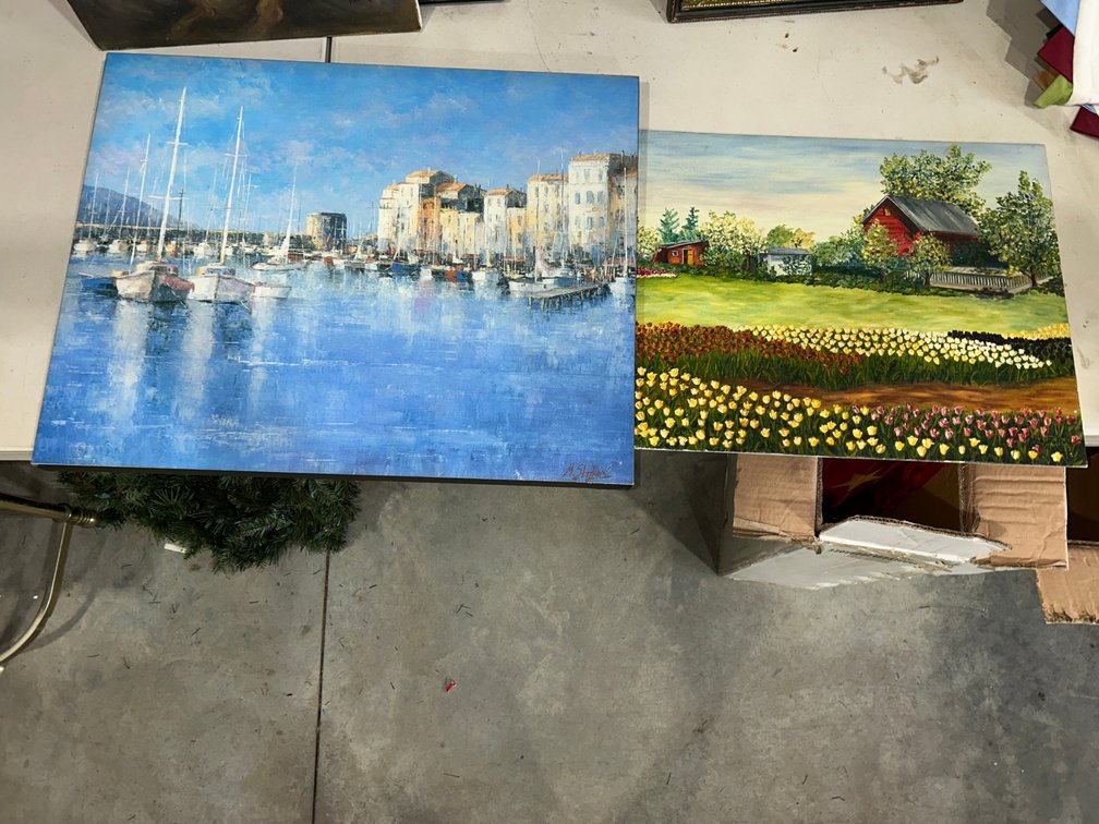 Painting on board of farmhouse and flowers, painting on canvas of sea side