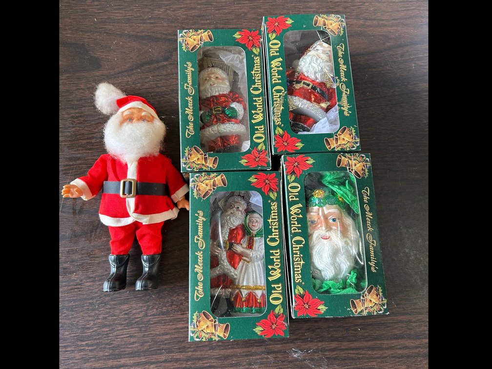 The Merck Family's Old World Christmas hand blown decorations, vintage Santa