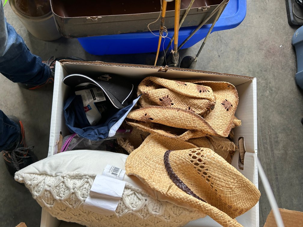 Straw hats, pillow, purses