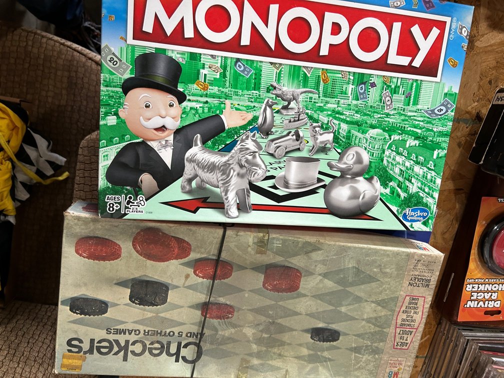 Monopoly, Checkers, Poker Chips, CDs