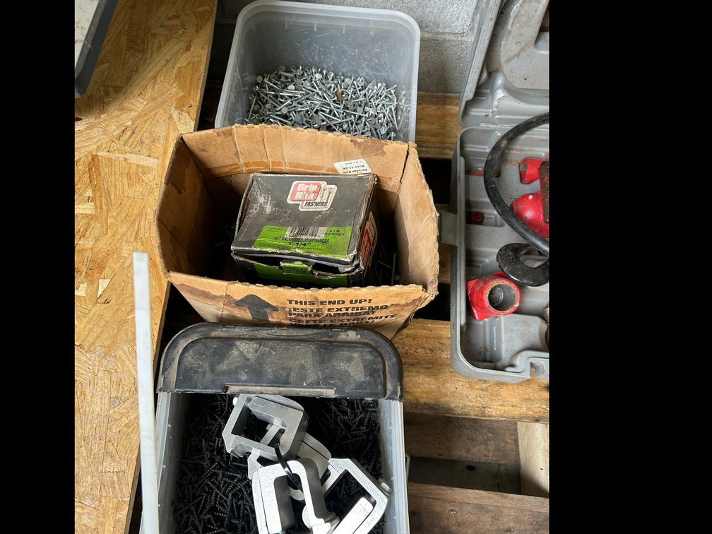 1 1/4" Galvanized joist hangers, nails, bucket of screws