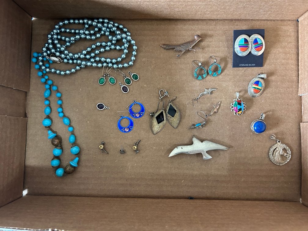 Costume jewelry pins, necklaces, earrings
