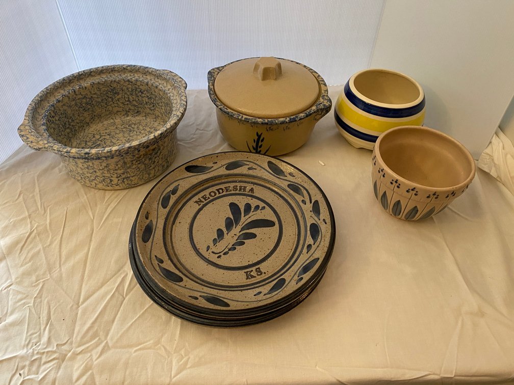 2-Stoneware Plates, Roseville Bean Pot, Other Stone Ware Pieces