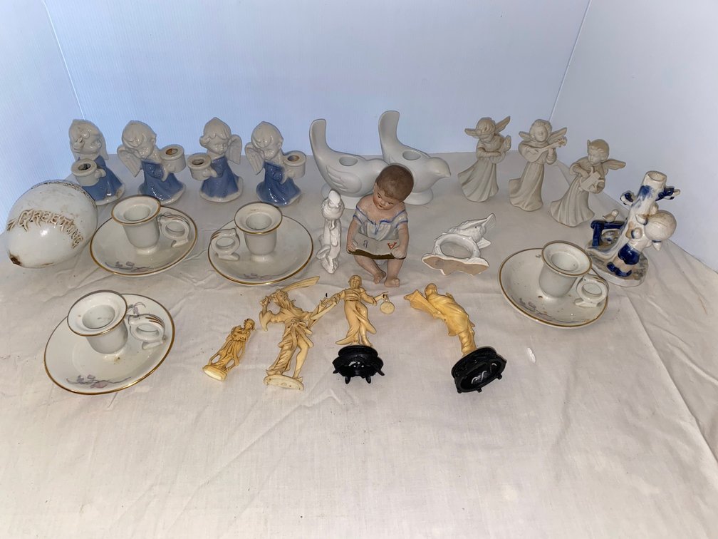 4-McNicol China Candlestick Holders, Hand Blown Easter Egg, Angel Figurines, Angel Candlestick Holders