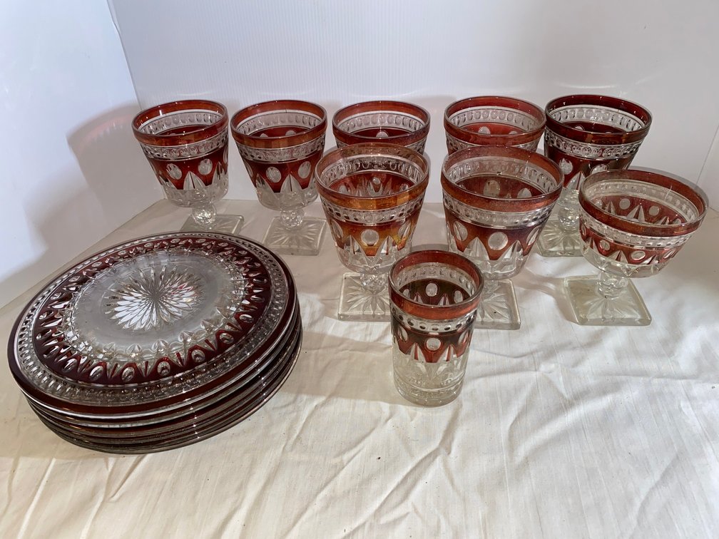Group of Ruby Stemware, Ruby to clear Stemware and Plates