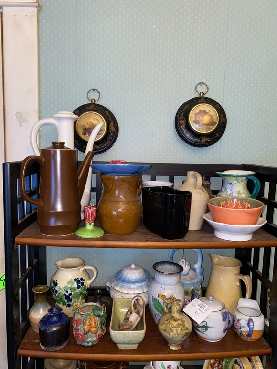 2-Shelves of Decorative Vases, Pottery Pieces, Pitchers
