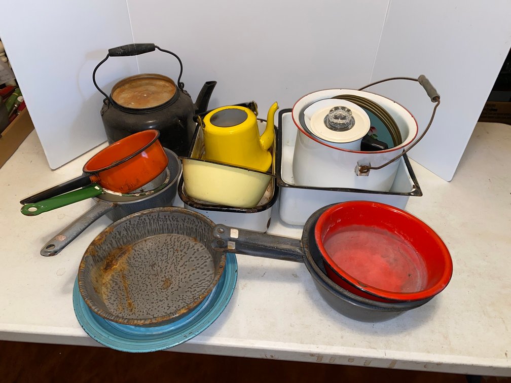 Enamel Ware, Pots, Bowls, Tea Kettle