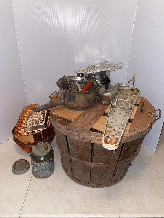 Bushel Basket with Flour sifter, Cake Molds, Table Top Ironing Board