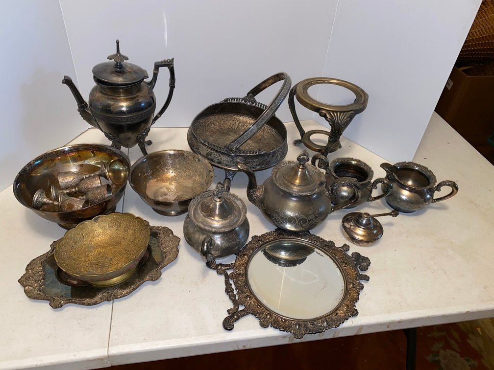 Silver Plate Tea Pots, Mirror, Platters