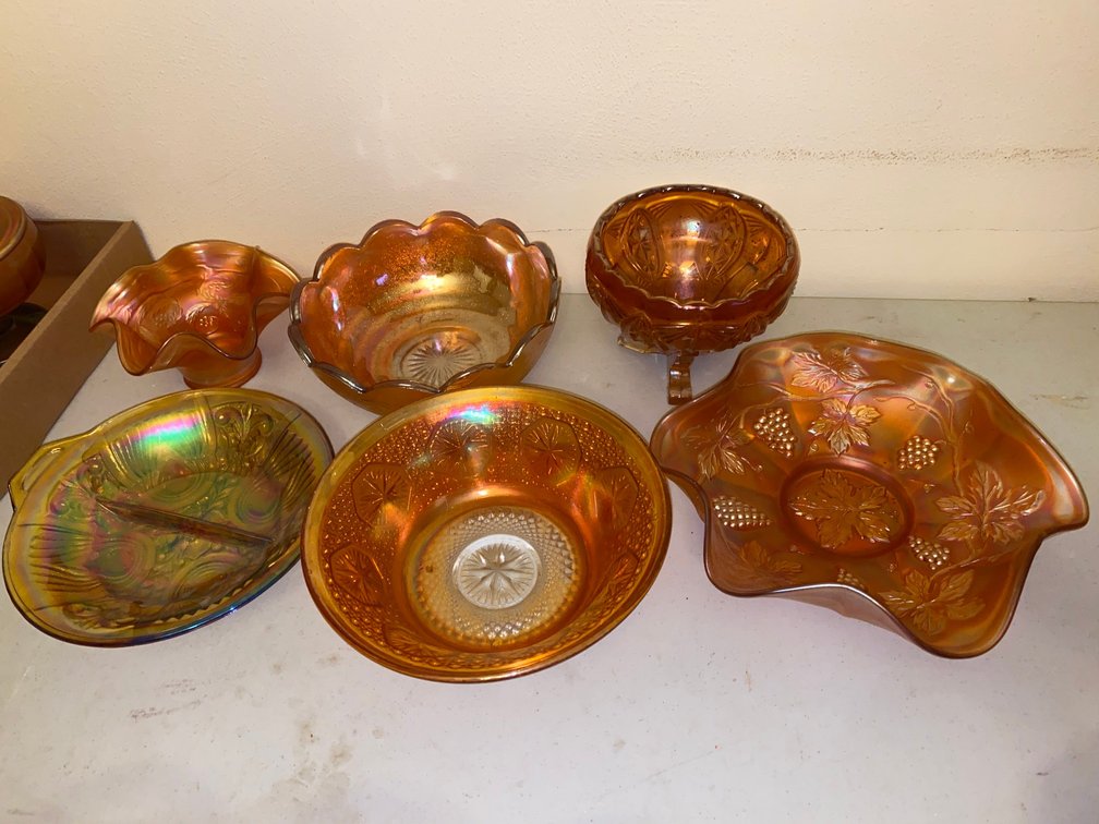 Carnival Glass Compotes, Bowls, fluted Bowls
