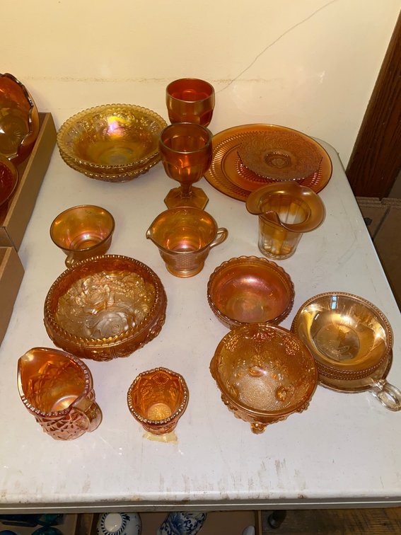 Carnival glass Creamer and Sugar, Bowls, Compote