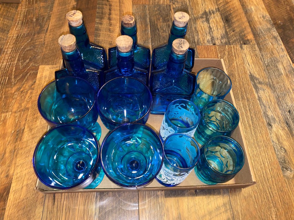 Glass bottles, Paul Revere Commemorative Bottles, Blue Stemware
