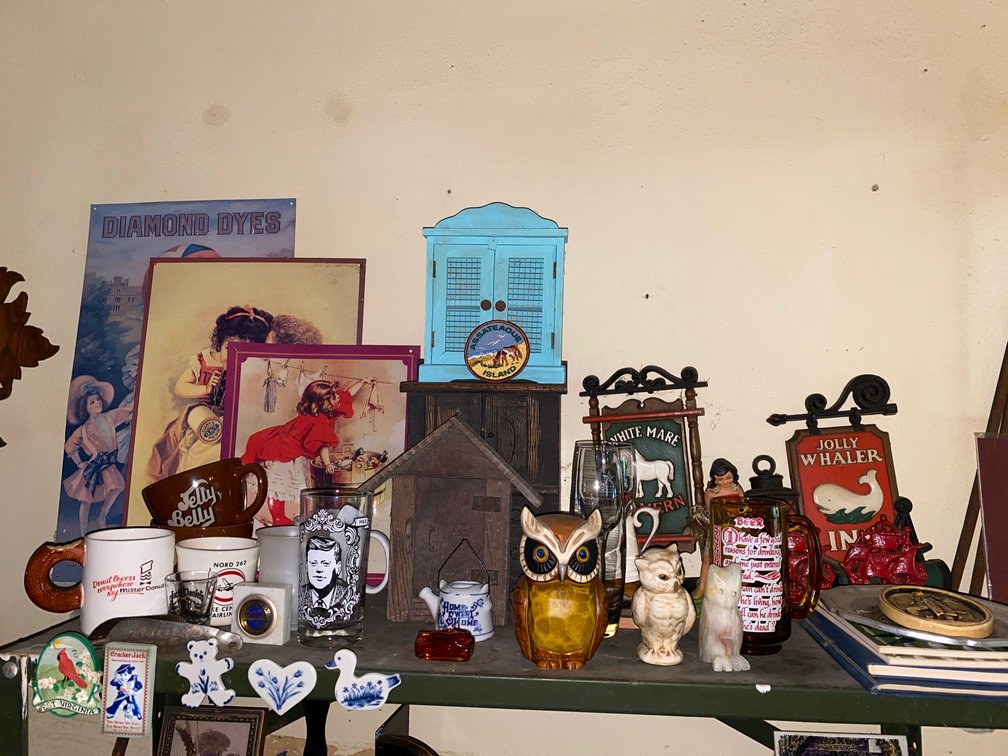 Owl Coin Bank, Cast Iron Book ends, Figurines, Commemorative glass ware